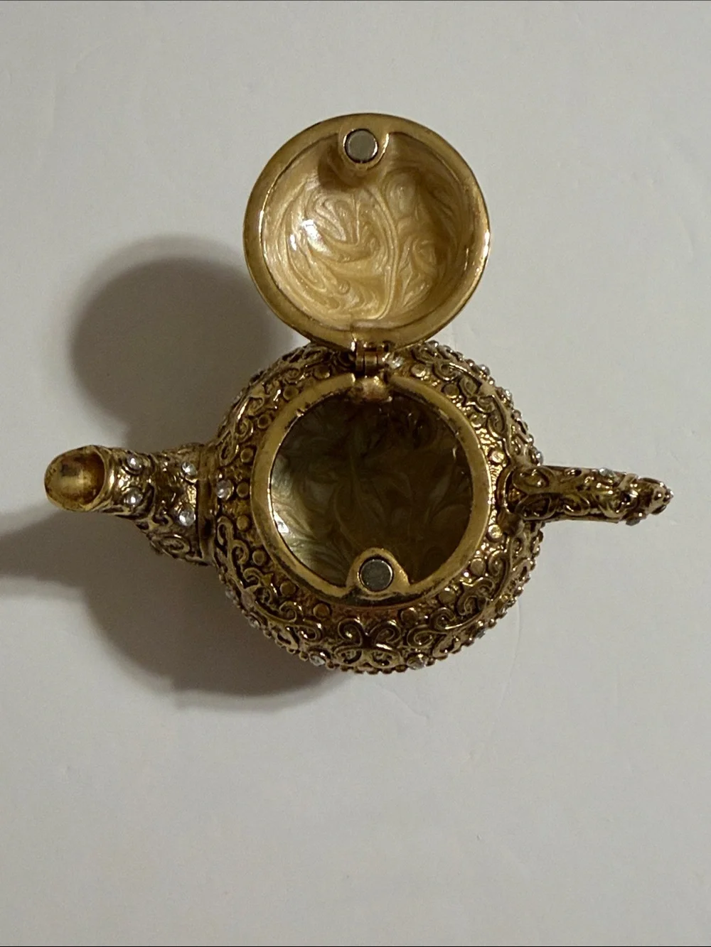 Ornate Gold Tone Decorative Trinket Teapot Accent with Crystals and Embroidery